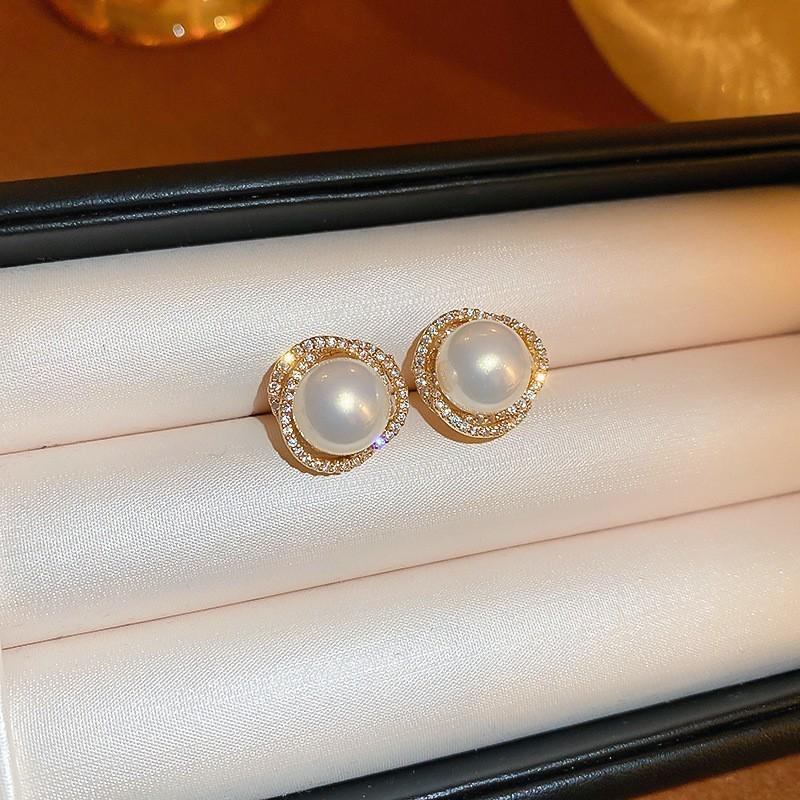 Silver Needle with Diamonds Flower Stripes Pearl Stud Earrings Medieval Vintage Retro Earrings Light Luxury Niche Earrings