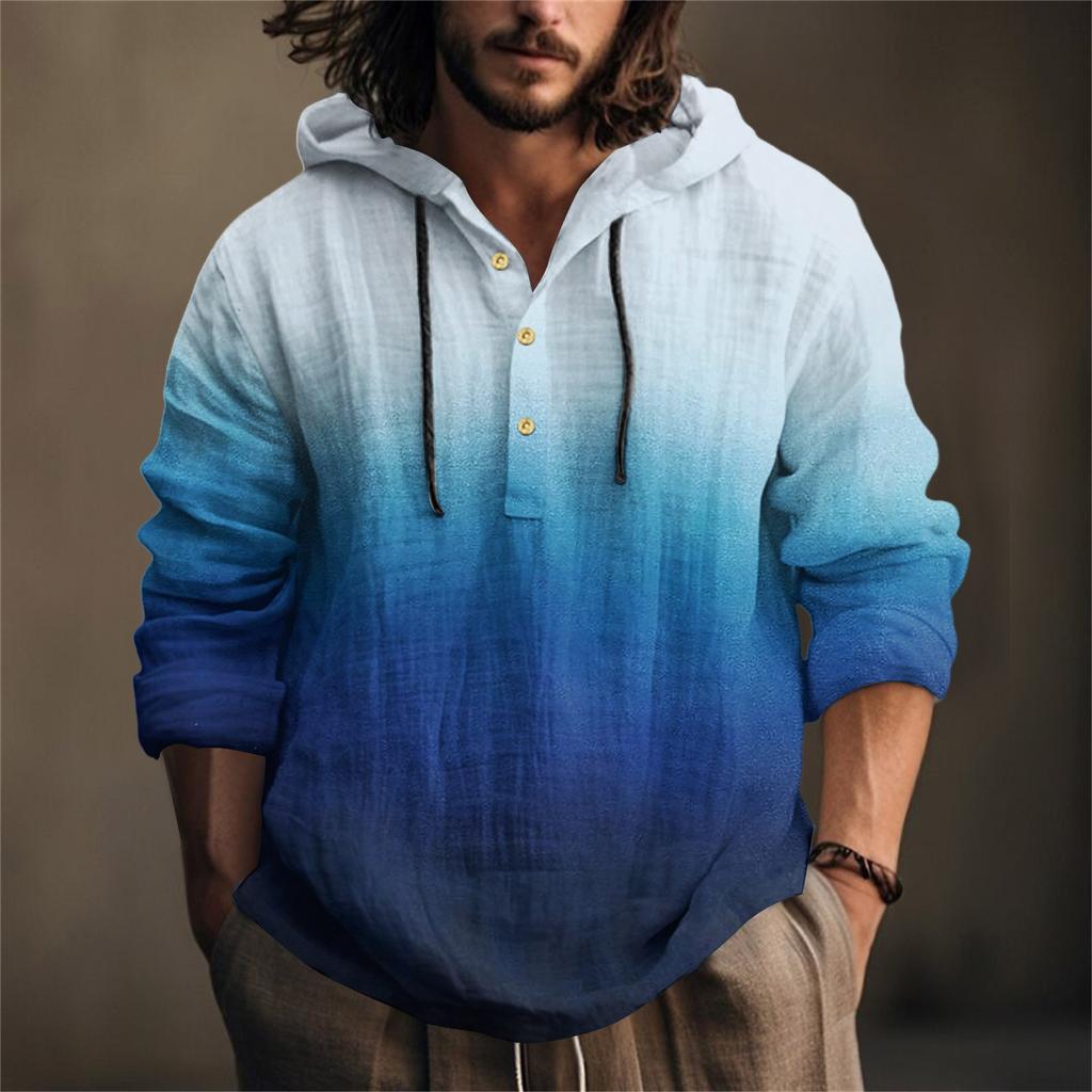 Printed Men's Cotton And Linen Shirt Hooded Long-sleeved Hooded Spring And Summer Casual Daily Wear