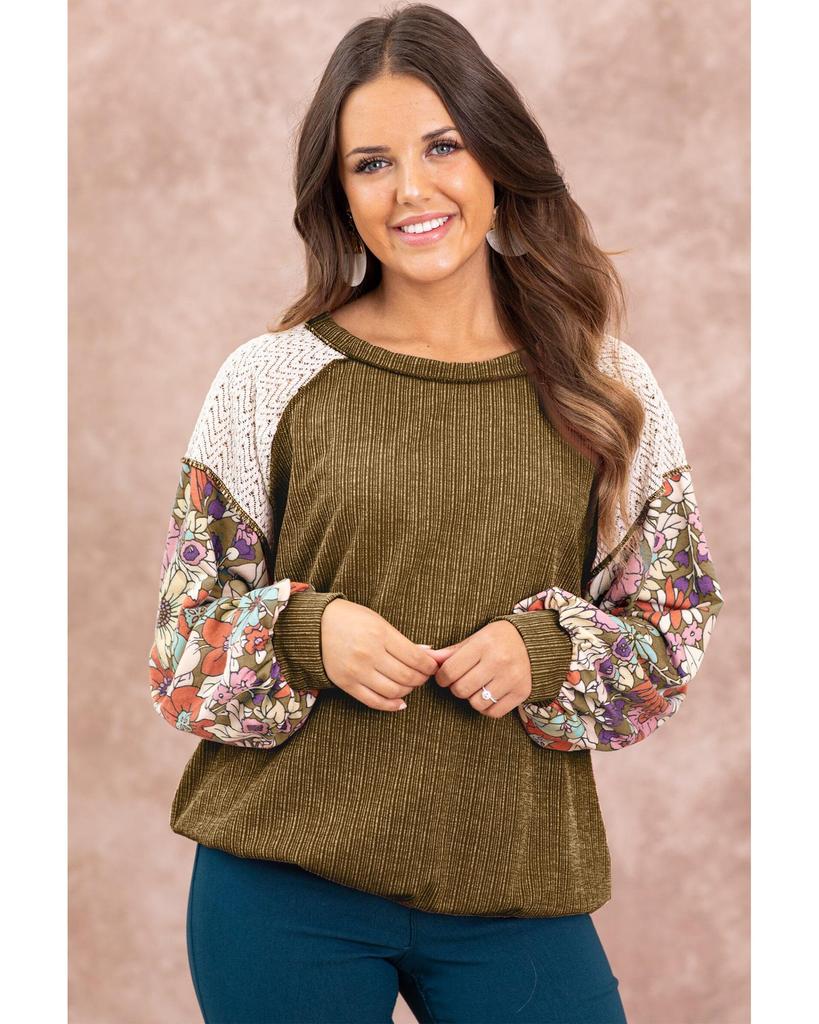 Azura Exchange Brown Floral Patchwork Puff Sleeve Textured Blouse