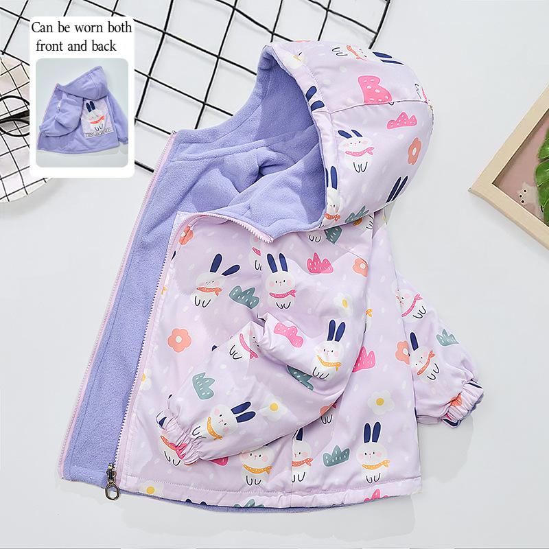 Детская одежда Весна и осень Двусторонняя флисовая подкладка для девочек Куртки для маленьких и средних размеров Детская рубашка на молнии в мультяшном стиле