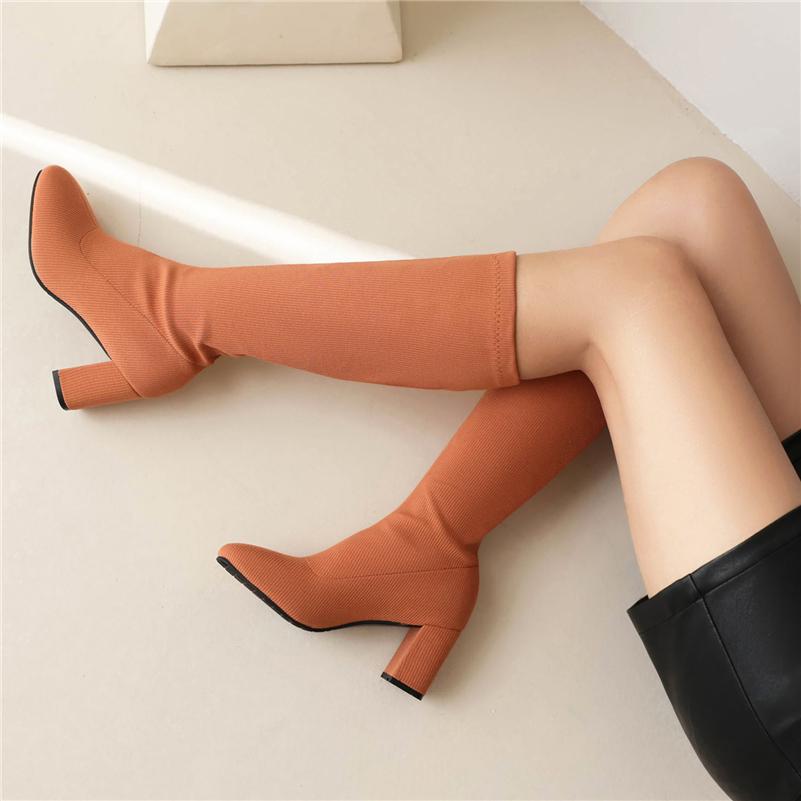 FOREADA Women Knee High Long Boots Round Toe Block High Heels Stretch Gogo Boots Ladies Fashion Shoes Autumn Winter Purple 43
