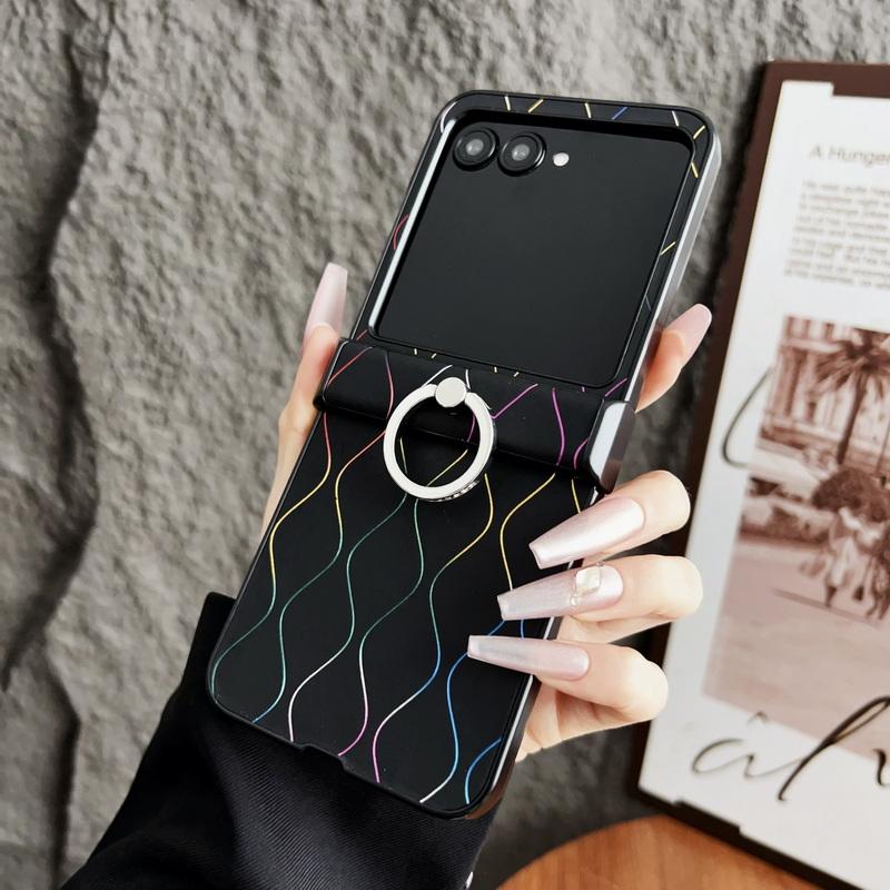 Luxury Leather Ring Holder Phone Case For Motorola Razr 60 50S 50 Ultra 40 Ultra Gradient Stripe Shockproof Hard PC Slim 3pcs Folding Cover