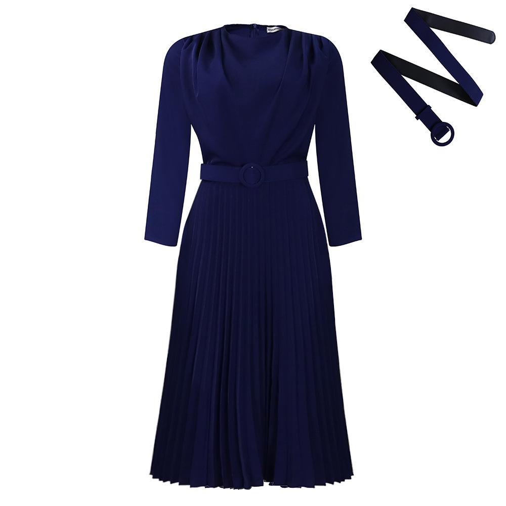 Women's Dress Spring and Autumn Temperament Elegant Pressed Pleated Commuter OL Solid Colour Plus Size Dresses