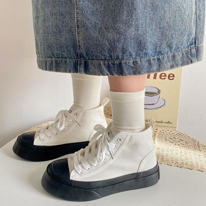 Высокие парусиновые туфли для женщин, туфли на толстой подошве в гонконгском стиле в стиле ретро, ​​туфли на высоком каблуке, повседневная обувь в корейском стиле