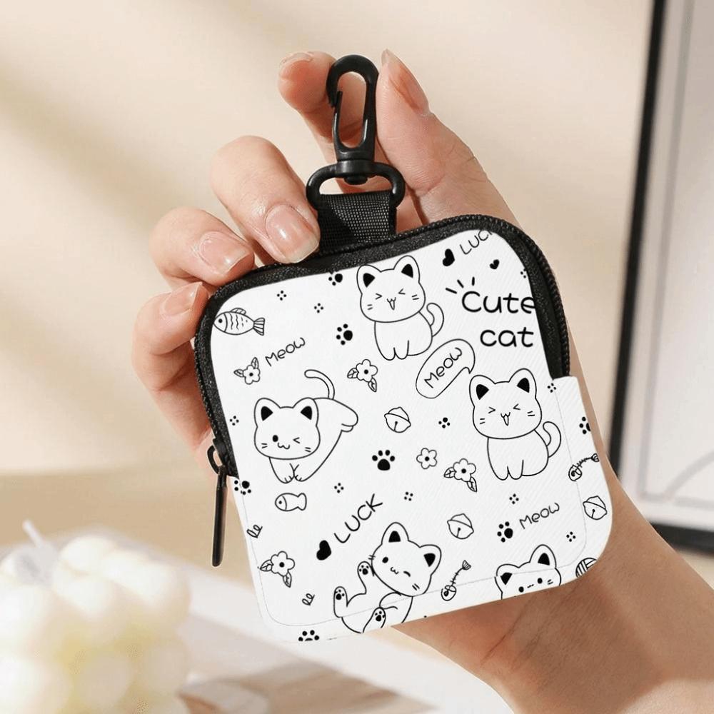 Large Capacity Cute Cat Print Portable Coin Purse Waterproof Faux Leather Mini Earphone Case with Key Ring Multifunctional