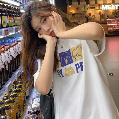 С добавлением хлопка, летняя, новая, свободная, утягивающая, креативная и интересная, анимированная футболка с короткими рукавами, топ с круглым вырезом для студенток