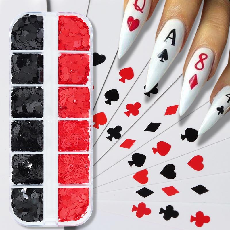 12 Grids 3D Playing Cards Nail Sequins Charms Heart Alphabet Plum Poker Flakes Decoration For Nails Supplies Accessories