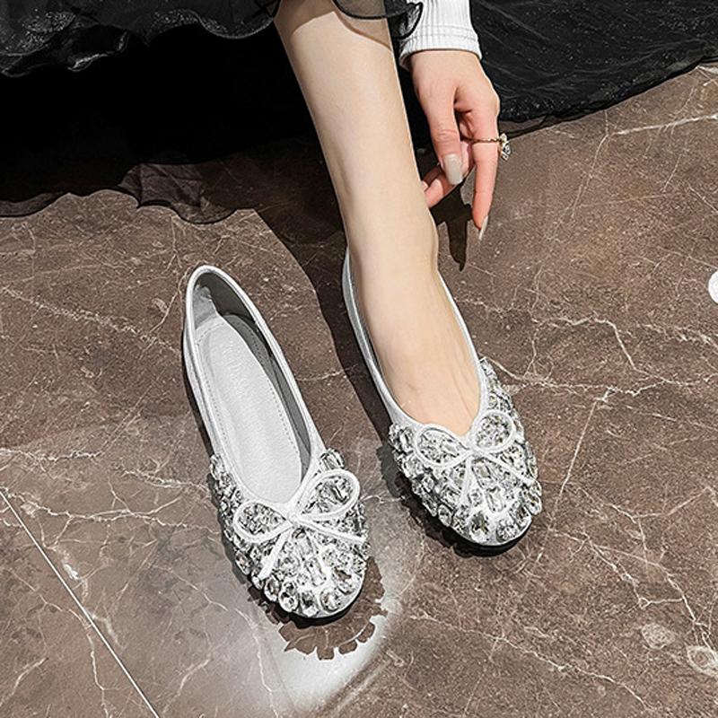Fashion Luxury Designer Woman Rhinestone Flats Ballet Gold/Silver Bowtie Loafers Femmes Shallow Slip On Ballerinas Brides Wedding Shoes