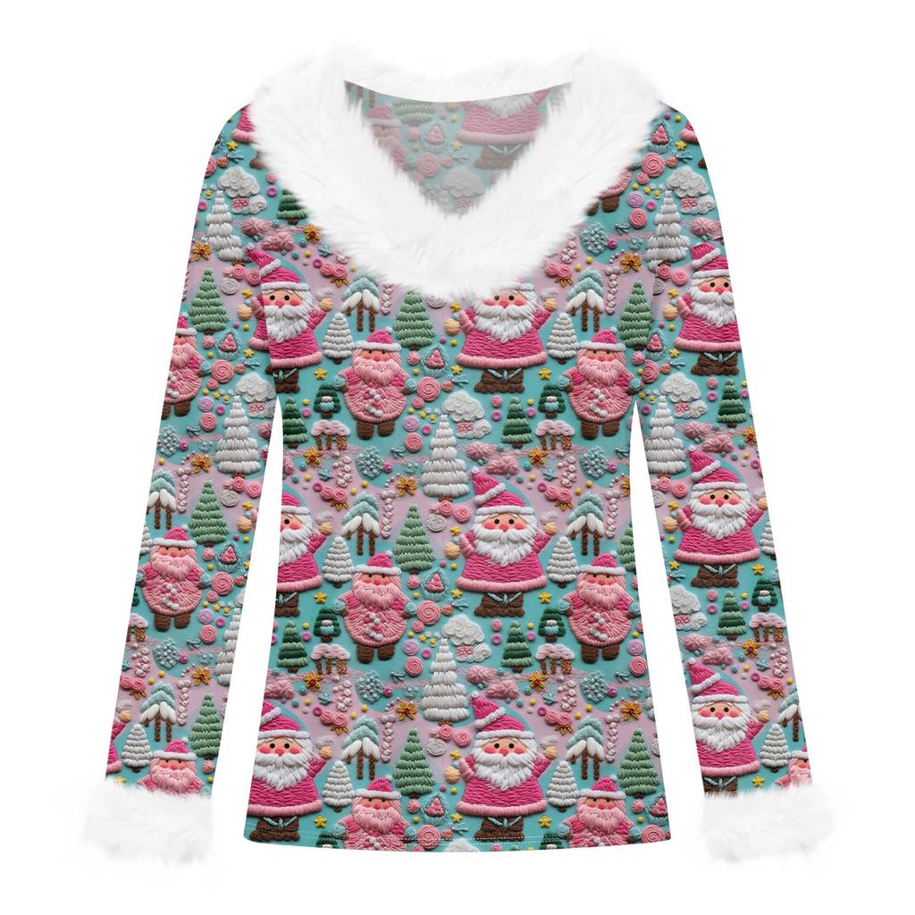 Women's Fashionable Casual V-Neck Christmas Print Long-Sleeved Top