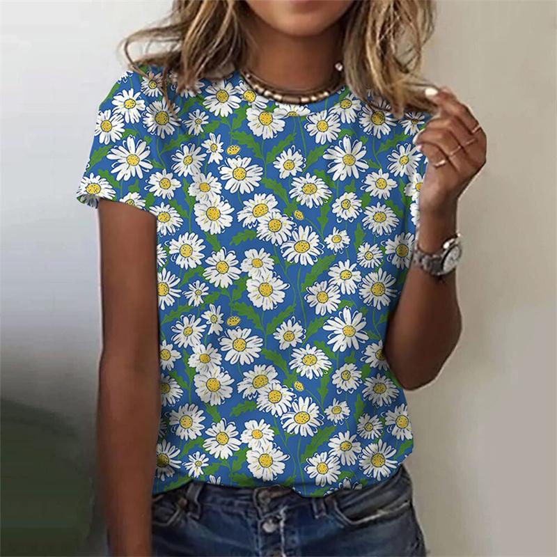 3D Printed Flower T Shirt For Women Floral Graphic Short Sleeves Summer Fashion Street O-Neck Tees Tops Loose Oversize T-Shirts