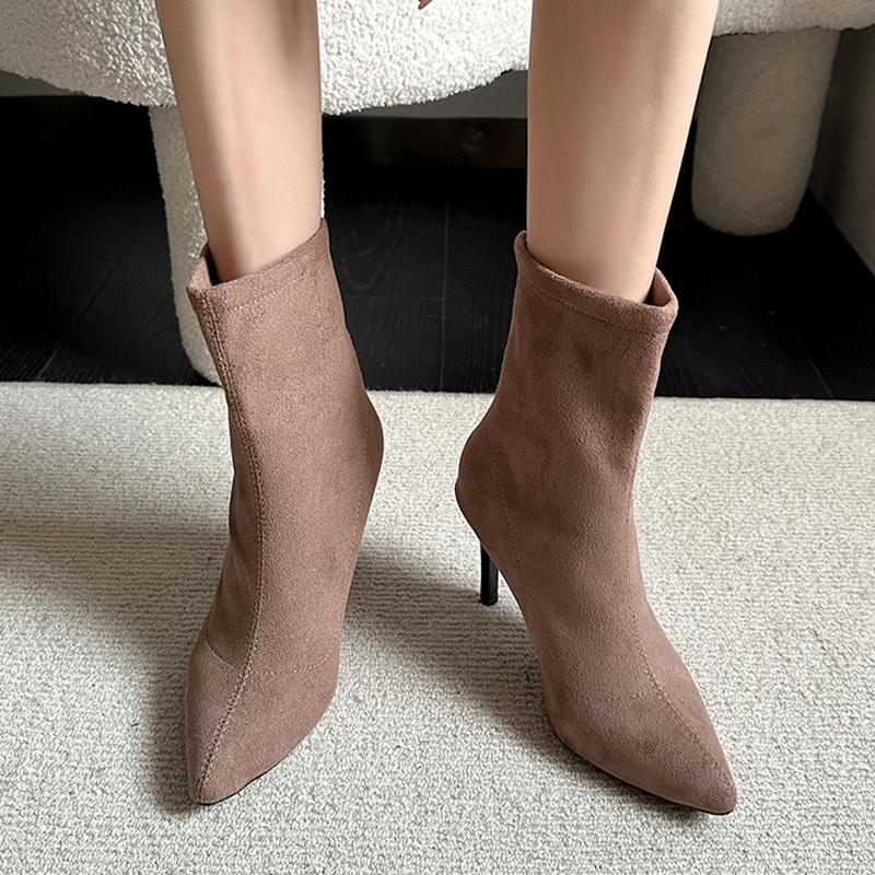 Модные сексуальные замшевые женские ботинки челси на высоком каблуке, туфли до середины голени с острым носком, модные новые готические ботинки-лодочки, зимняя трендовая женская обувь 2024 года