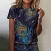 Top Women Feather Art Printed Women's T-Shirt Oversized T-Shirt Youthful Women Clothing Animal Short Sleeve Tees Female Shirt