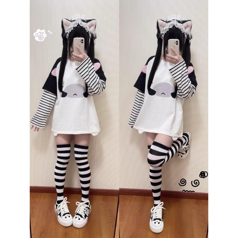 Y2k Harajuku Kawaii Полосатые футболки женские японские модные лоскутные футболки с мультяшным принтом топы женские весенние новинки