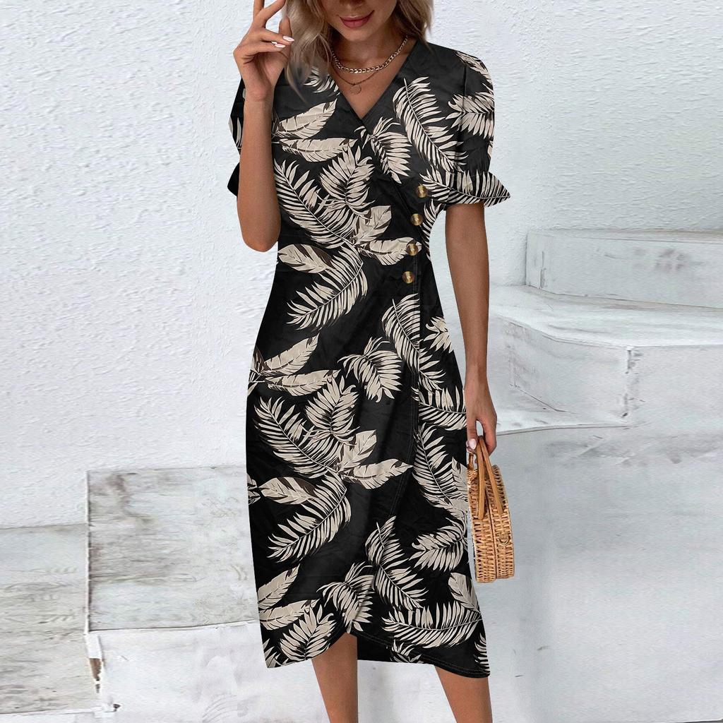 Пляжные платья для женщин, весна-лето, элегантное платье с V-образным вырезом и цветочным принтом в стиле бохо, струящееся гавайское платье макси с рюшами