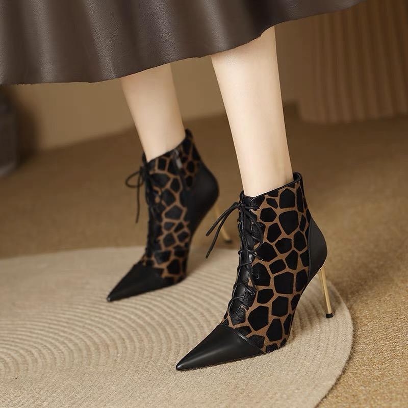 Fashion Pointed Toe Stiletto Ladies High Heels Autumn and Winter Color-blocking Zebra Black Fashion Boots Side Zipper Sexy Women's Boots