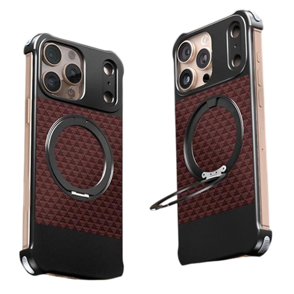 For iPhone 15 Pro Max Magnetic Case Borderless Textured PU+Metal Kickstand Phone Cover