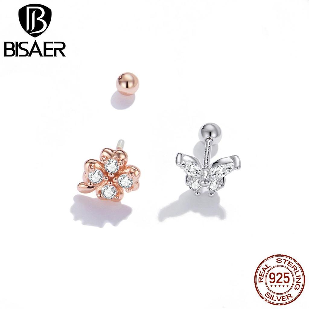 Bisaer Lucky Grass Butterfly Earrings 925 Sterling Silver Four-Leaf Clover Earring Gift For Women Fine Jewelry