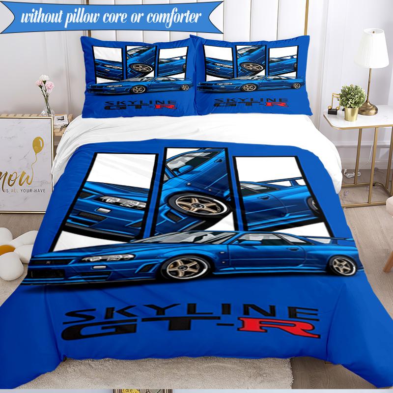 3PCS Skyline Blue Racing Spirit Speed Style Bedding Set 2D Printing (Includes 1 Duvet Cover + 2 Pillowcases Coreless), Bedroom decor,Fan gift