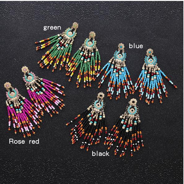 Women's Bohemia Beaded Tassel Ear Pendent Long Fringe Eardrop Dangle Earrings Ladies Jewelry Christmas Gift