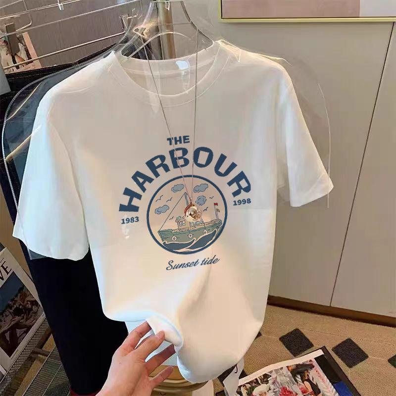 Fashionable Shoulder Pure Cotton Black Short-sleeved T-shirt for Women's Summer New Loose Letter Printing Versatile Top Shirt