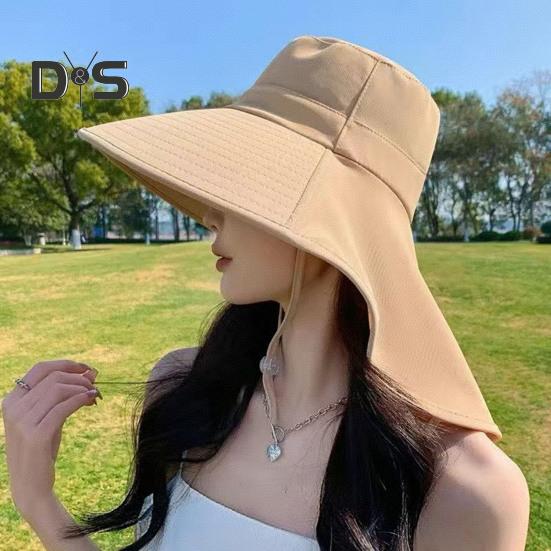Women Sun Hat Large Brim Sun-Blocking Design Breathable UV Protection Hat Solid Color Adjustable Drawstring Outdoor Tea Hat