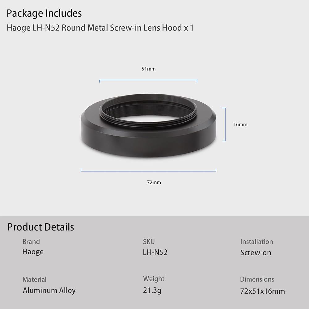 Haoge Metal Lens Hood for Nikon NIKKOR Z 40mm f/2, Z 28mm f/2.8, and Z 28mm f/2.8 (SE) Lenses, Screw-on Type, Compatible with 52mm UV Filters and 52mm
