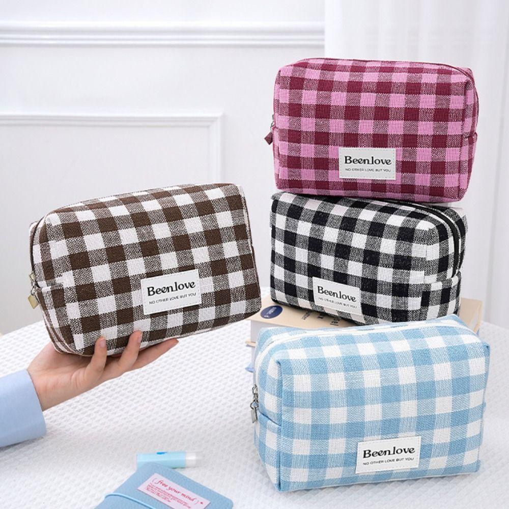 Large Capacity Makeup Pouch Lattice Travel Wash Bag Simple Plaid Cosmetic Bag  Women/men