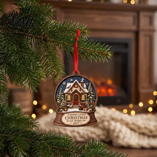 Red Lanyard Decoration Items Wooden Christmas House Ornament, 2D Castle Car Hanging Decor with Shape Ornaments String, Rustic Tree Pendant,