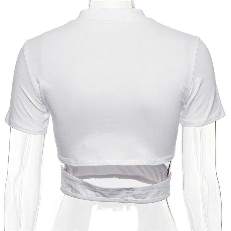 European and American Style Spicy Girl Spring and Summer Round Neck Short Sleeved Sexy Hollow Out T-shirt Women's Short Open Waist Top