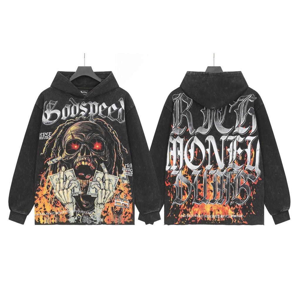 Худи с ретро-принтом 'God Bless America' в стиле рок-стрит, стиранное, повседневное, свободного кроя