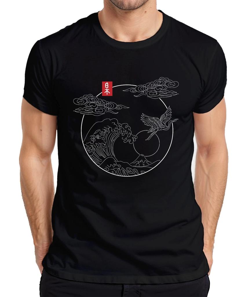 Japanische Welle Kranich Fuji Sonne Wolken Kreis Linienkunst Herren T-Shirt