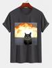 2026 New Cotton Tshirt With Explosion Background Calm Cool Cat Fun Emoji Print Casual Short Sleeve