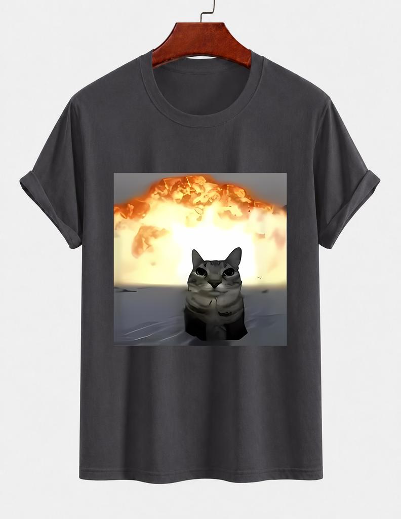 2026 New Cotton Tshirt With Explosion Background Calm Cool Cat Fun Emoji Print Casual Short Sleeve