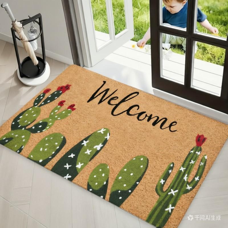 Cute Cactus Welcome Doormat Green Desert Plants Floor Rug Indoor Outdoor Entrance Carpet for Living Room Kitchen Home Decor