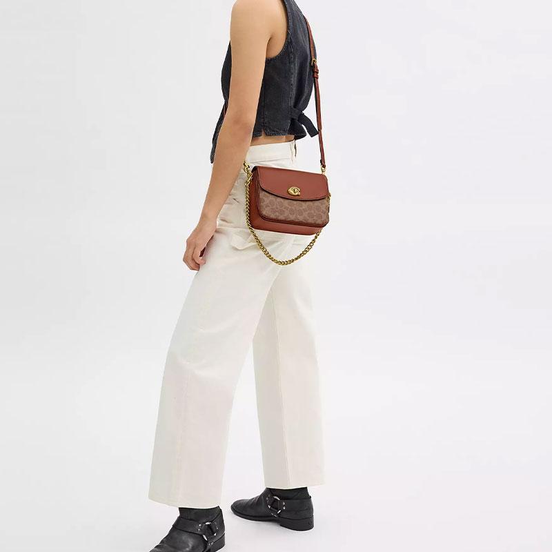 Coach Cassie 20 Removable Chain Shoulder Strap Turn Lock Closure Coated Canvas Shoulder Bag Small Women shoulder bag Brown-Yellow Caramel CV436-B4XHG