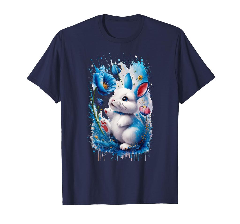 Adorable bunny rabbit with blue flowers. Girls, toddlers. T-shirt