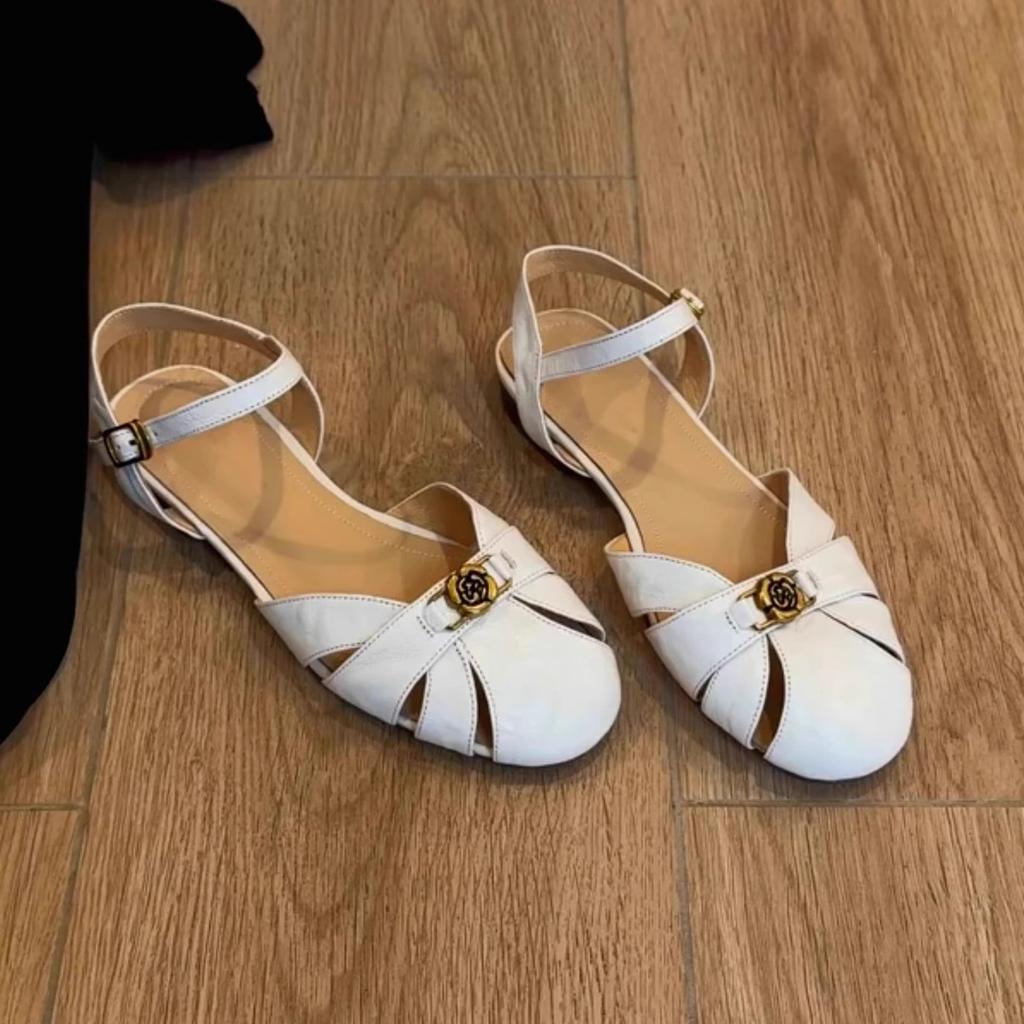 Sheepskin Version~ Camellia Hollow Breathable Roman Shoes Women's Summer Wear Leather Bag Head Shoes Retro Word with Sandals