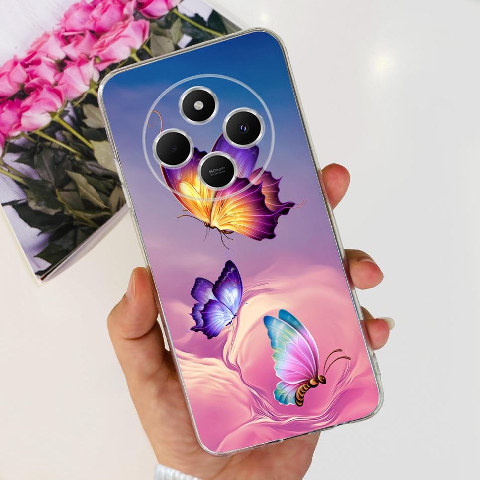Для Xiaomi Redmi 14C / Poco C75 Задняя крышка Бабочка Роза Цветок Роскошный Девичий Чехол для телефона На Redmi 4C Прозрачный Мягкий ТПУ Прозрачный Чехол