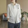 2024 Artistic Retro Floral Embroidered Cotton Linen Long Sleeve Shirt for Women - Loose Fit for Spring & Autumn