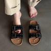 Retro Platform Slippers for Women's Outward Wear Summer New Round Toe Open Toe Studded One-line Buckle Flat Shoes