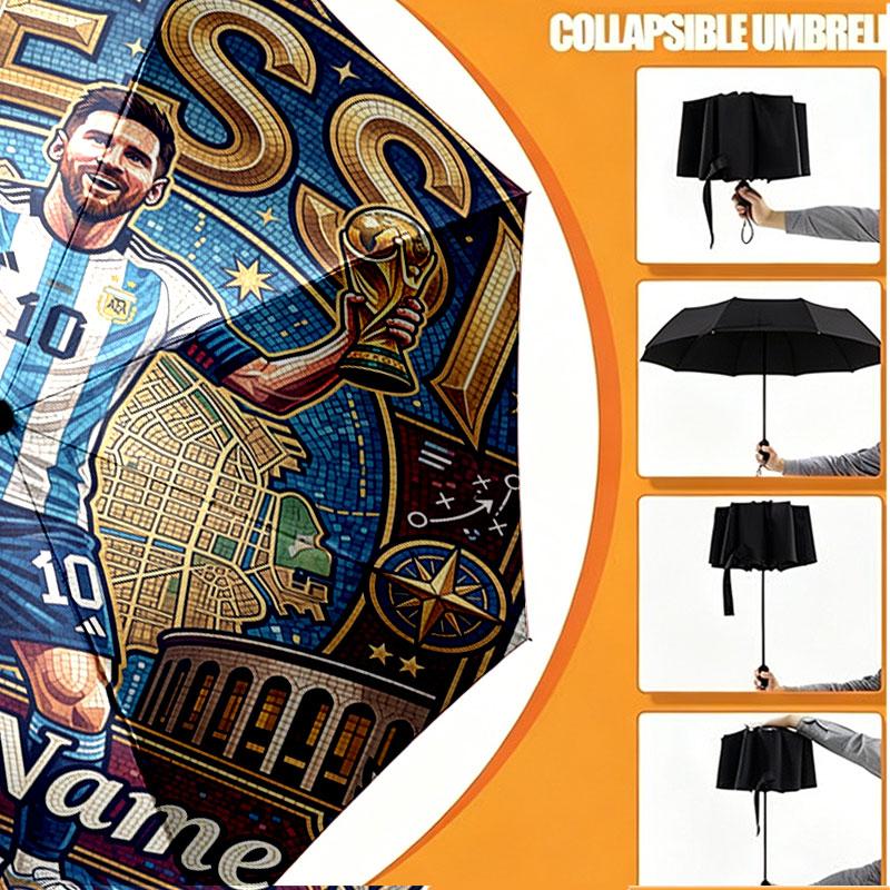 Custom Name Personalized Lionel Messi Print Umbrella, Auto Open Close, 8‑Rib Sturdy Frame, Commute Camping Hiking Use, Birthday Gift