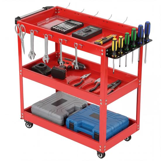 Three Tier Tool Cart 3-Tier Rolling Cart, Metal Heavy Duty Utility with Side Hooks, Mobile Organizer 4 Wheels, Handle, 330lbs Load Capacity