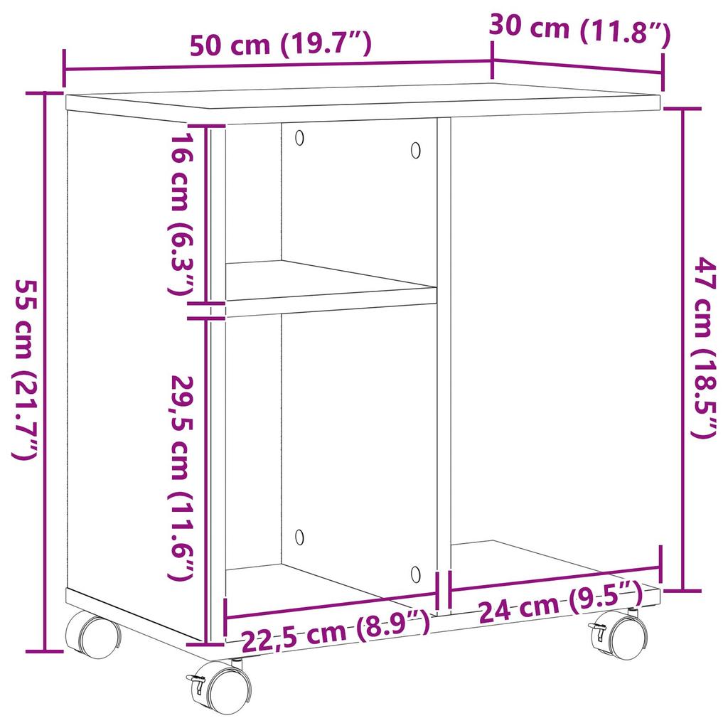 Movable Side Table with Wheels, 2-tier Open Storage Shelves, with Side Vase Display, Kitchen and Bathroom Corner Shelf, 50x30x55 Cm