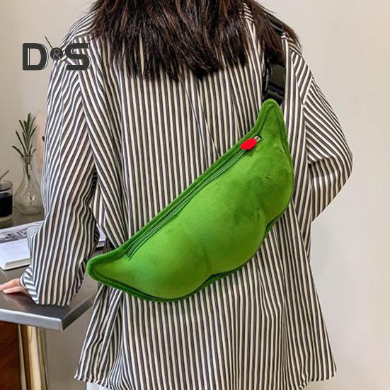 Сумка через плечо в форме зеленой сои, плюшевая сумка на молнии, нагрудная сумка с регулируемым ремнем для походов и активного отдыха на свежем воздухе