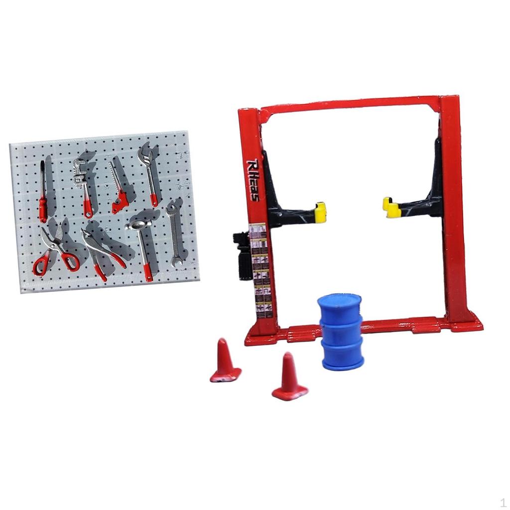 Диорама 1/64 Автогараж Инструменты для обслуживания Архитектурная модель Реалистичные дорожные конусы Подъемник Козловой кран