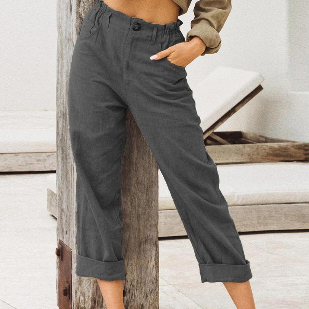 Fashion Solid Color Cotton Linen Fashion Loose High Waist Casual Pants For Women