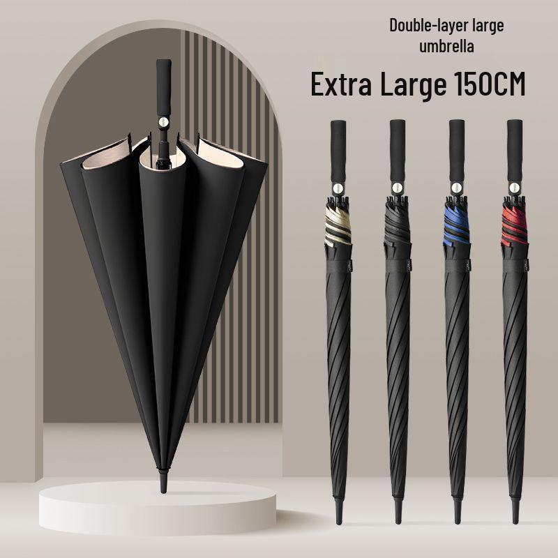 Мужской очень большой двухслойный зонт с длинной усиленной ручкой для двух или трех человек, штормоустойчивый и прочный.