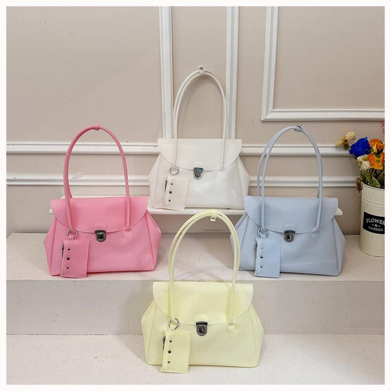 Women'S Pastel Macaron Candy Color Soft PVC Shoulder Crossbody Bag Top Handle Flap Lock Pendant Casual Tote Handbags
