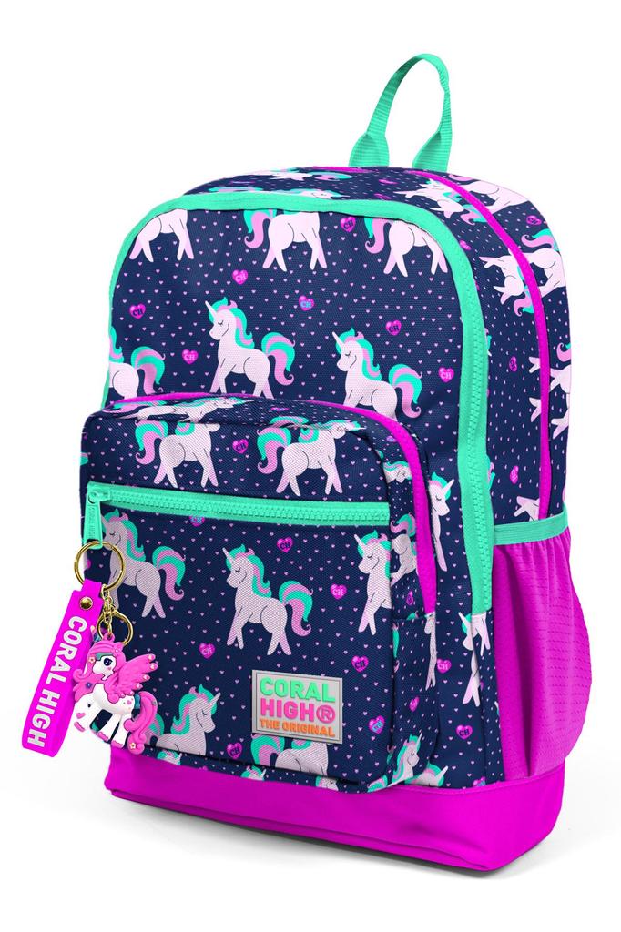 Школьный рюкзак с четырьмя отделениями Coral High Kids, темно-синий, розовый, с рисунком единорога, 23467