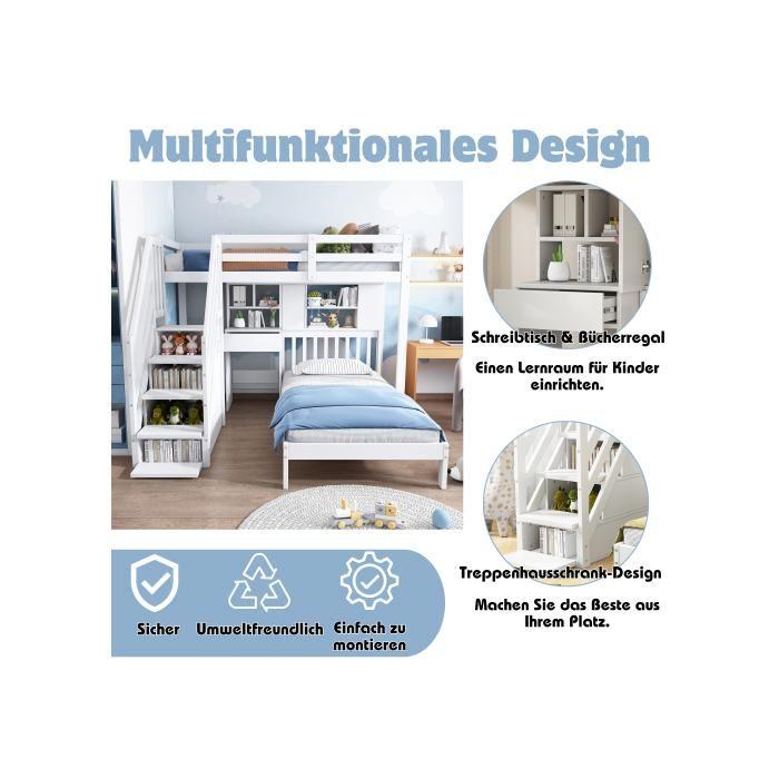 Детская кровать - MUVOE - 90x200 - Белая - Встроенный стол и полка - 2 места